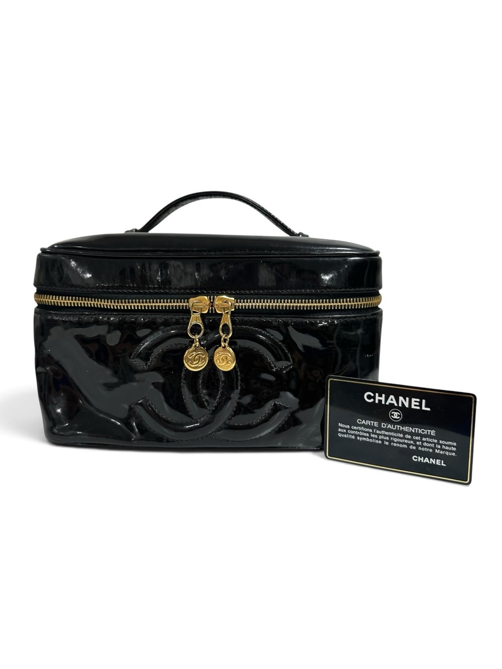 Chanel Black Patent Leather & Gold Vanity Case Toiletry Bag